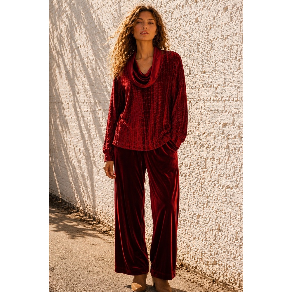 Coldwater Creek Red Velvet Pant Set Cowl Neck Textured Chevron Petite Medium PM